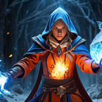 Fire and Ice Mage**

Prompt:  A powerful mage, surrounded by swirling flames and icy shards, casting a spell. Dynamic action pose, elemental energy, dramatic lighting, fantasy art style. Incorporate Spanish fantasy elements in the mage's attire. Focus on the contrast between red-orange fire and blue-white ice.

**
