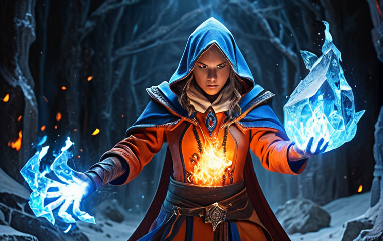 Fire and Ice Mage**
Prompt: A powerful mage, surrounded by swirling flames and icy shards, casting a spell. Dynamic action pose, elemental energy, dramatic lighting, fantasy art style. Incorporate Spanish fantasy elements in the mage's attire. Focus on the contrast between red-orange fire and blue-white ice.
**